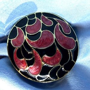 Red, Black and Goldtone Enamel and Resin Brooch.